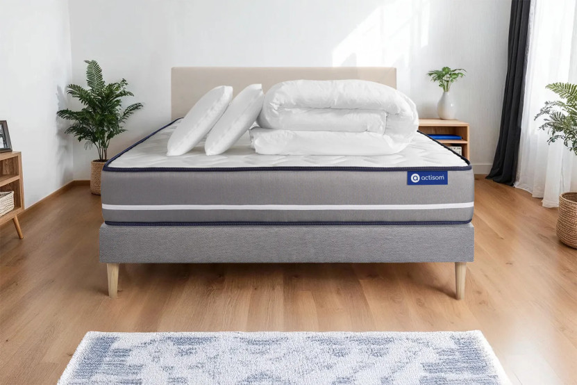 Pack lit complet 140x190 cm - Matelas + Sommier Gris (en kit) + 2 oreillers + Couette - Actiflex Pur