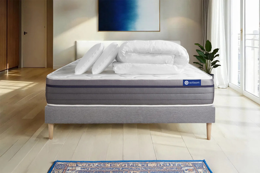 Pack lit complet 160x200 cm - Matelas + Sommier Gris (en kit) + 2 oreillers + Couette - Actilatex Zen