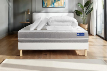 Pack lit complet 160x200 cm - Matelas + Sommier Blanc (en kit) + 2 oreillers + Couette - Actimemo Touch