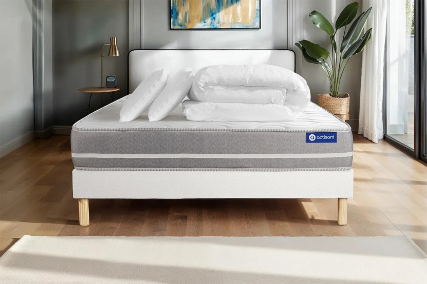 Pack lit complet 160x200 cm - Matelas + Sommier Blanc (en kit) + 2 oreillers + Couette - Actimemo Touch