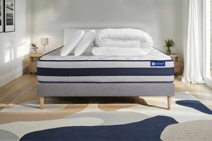 Pack lit complet 140x200 cm - Matelas + Sommier Gris (en kit) + 2 oreillers + Couette - Actilatex Ergo