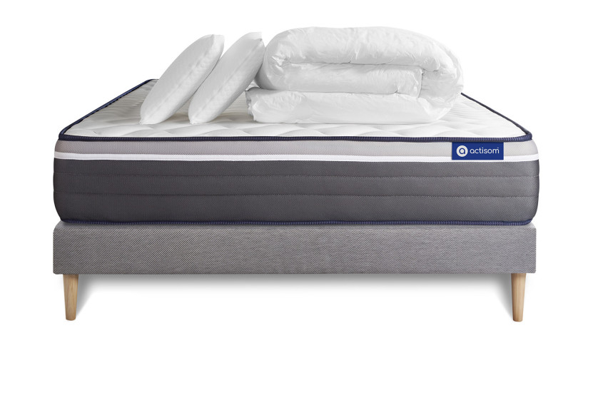 Pack lit complet 180x200 cm - Matelas + Sommier Gris (en kit) + 2 oreillers + Couette - ActiMemo Plus
