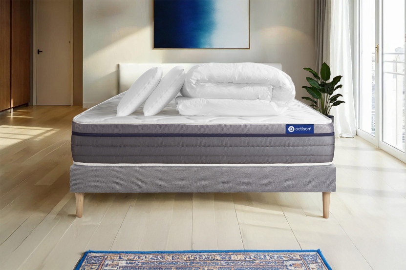 Pack lit complet 140x200 cm - Matelas + Sommier Gris (en kit) + 2 oreillers + Couette - Actilatex Zen