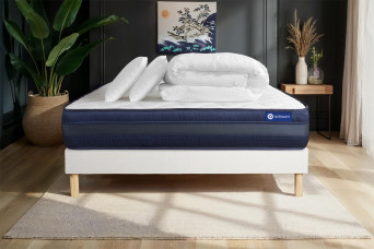 Pack lit complet 200x200 cm - Matelas + Sommier Blanc (en kit) + 2 oreillers + Couette - Actilatex Tech
