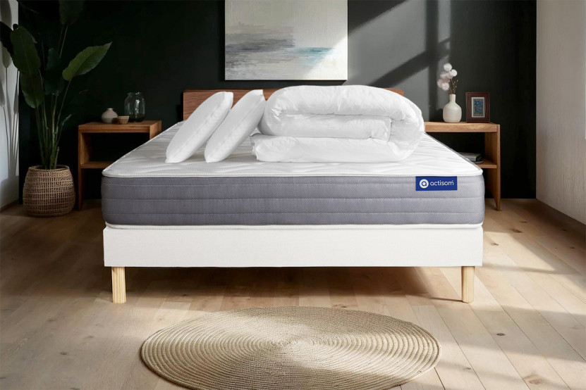 Pack lit complet 180x200 cm - Matelas + Sommier Blanc (en kit) + 2 oreillers + Couette - Actiflex Dream