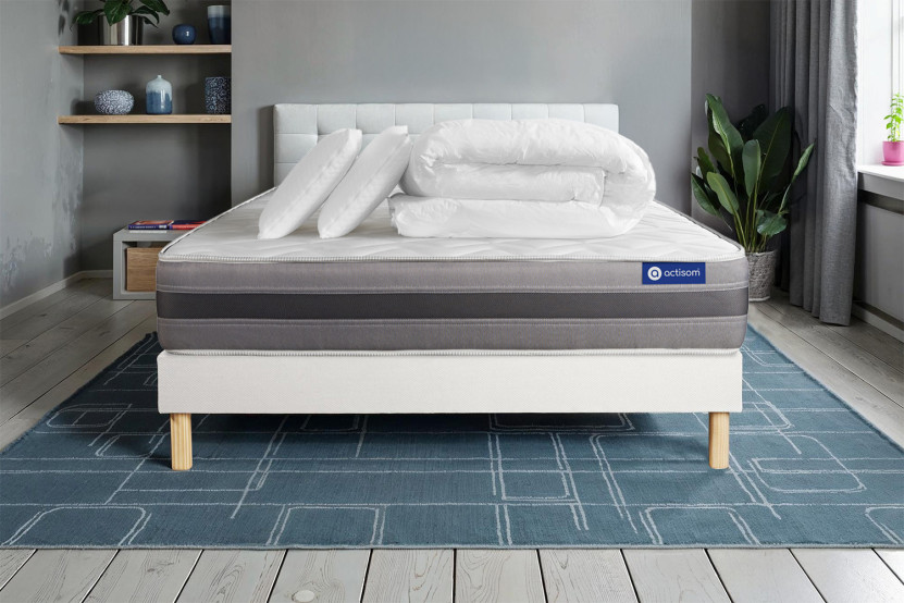 Pack lit complet 140x200 cm - Matelas + Sommier Blanc (en kit) + 2 oreillers + Couette - Actilatex Relax