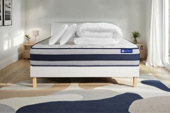 Pack lit complet 140x190 cm - Matelas + Sommier Blanc (en kit) + 2 oreillers + Couette - Actilatex Ergo