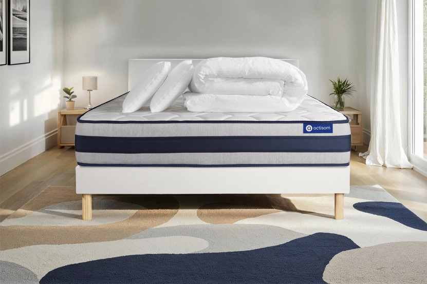 Pack lit complet 140x190 cm - Matelas + Sommier Blanc (en kit) + 2 oreillers + Couette - Actilatex Ergo