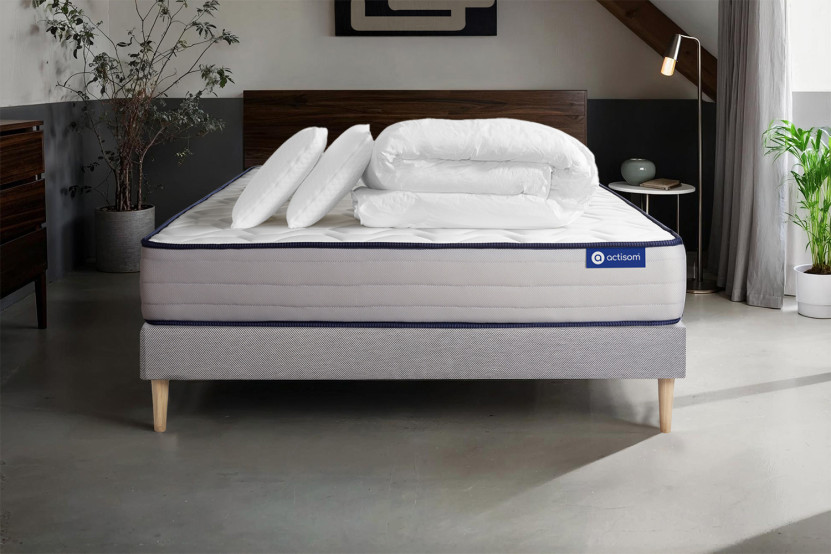 Pack lit complet 140x190 cm - Matelas + Sommier Gris (en kit) + 2 oreillers + Couette - Actilatex Form