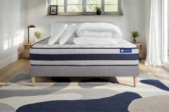 Pack lit complet 140x190 cm - Matelas + Sommier Gris (en kit) + 2 oreillers + Couette - Actimemo Ergo