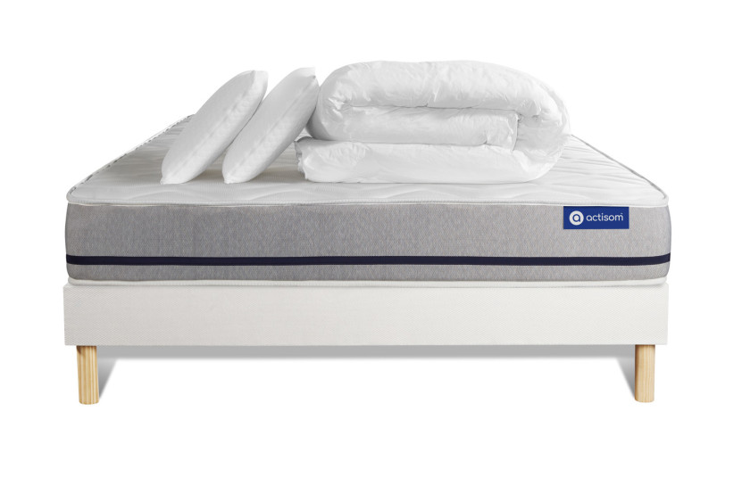 Pack lit complet 200x200 cm - Matelas + Sommier Blanc (en kit) + 2 oreillers + Couette - Actilatex Soft
