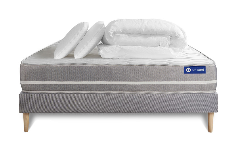Pack lit complet 140x190 cm - Matelas + Sommier Gris (en kit) + 2 oreillers + Couette - Actiflex Touch