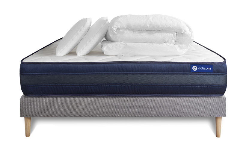 Pack lit complet 140x190 cm - Matelas + Sommier Gris (en kit) + 2 oreillers + Couette - Actimemo Tech