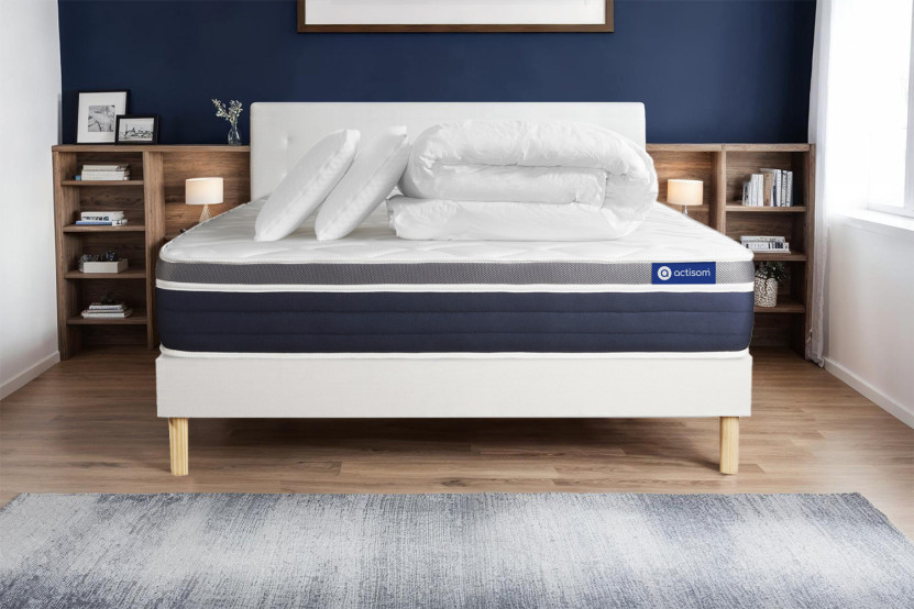 Pack lit complet 160x200 cm - Matelas + Sommier Blanc (en kit) + 2 oreillers + Couette - Actilatex Confort