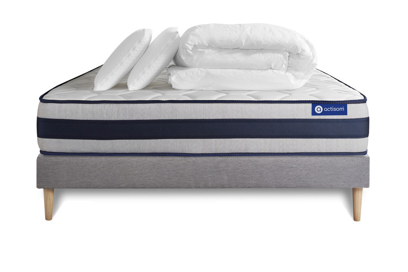 Pack lit complet 200x200 cm - Matelas + Sommier Gris (en kit) + 2 oreillers + Couette - Actimemo Ergo