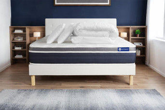 Pack lit complet 200x200 cm - Matelas + Sommier Blanc (en kit) + 2 oreillers + Couette - Actimemo Confort