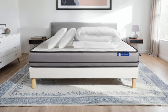 Pack lit complet 140x190 cm - Matelas + Sommier Blanc (en kit) + 2 oreillers + Couette - Actimemo Night