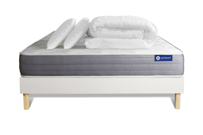 Pack lit complet 140x200 cm - Matelas + Sommier Blanc (en kit) + 2 oreillers + Couette - Actiflex Dream
