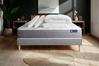 Pack lit complet 200x200 cm - Matelas + Sommier Gris (en kit) + 2 oreillers + Couette - Actiflex Dream