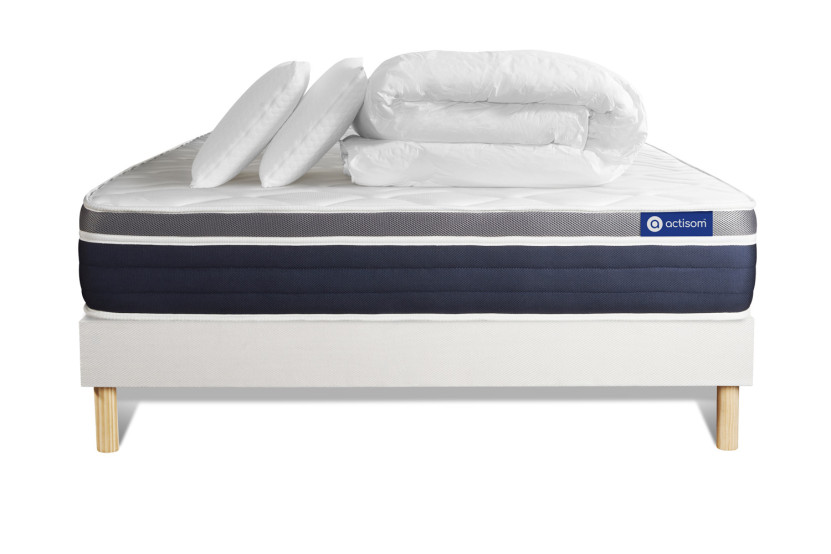 Pack lit complet 140x200 cm - Matelas + Sommier Blanc (en kit) + 2 oreillers + Couette - Actilatex Confort