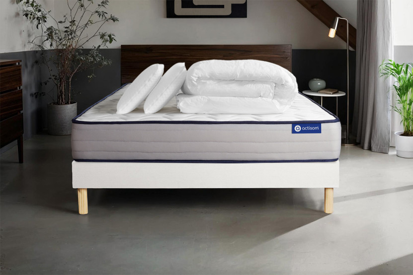 Pack lit complet 140x190 cm - Matelas + Sommier Blanc (en kit) + 2 oreillers + Couette - Actilatex Form