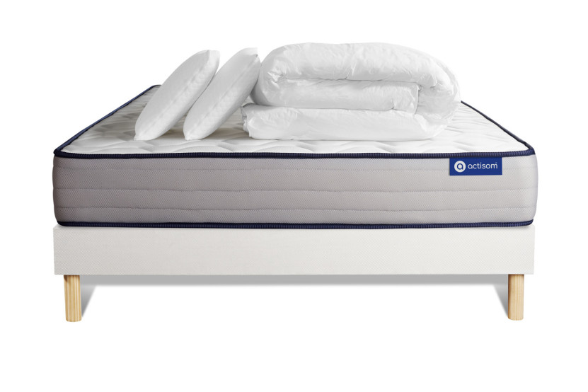 Pack lit complet 200x200 cm - Matelas + Sommier Blanc (en kit) + 2 oreillers + Couette - Actimemo Form