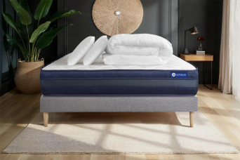 Pack lit complet 140x190 cm - Matelas + Sommier Gris (en kit) + 2 oreillers + Couette - Actimemo Tech