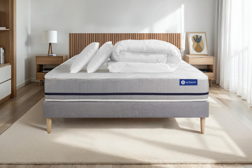 Pack lit complet 180x200 cm - Matelas + Sommier Gris (en kit) + 2 oreillers + Couette - Actilatex Soft
