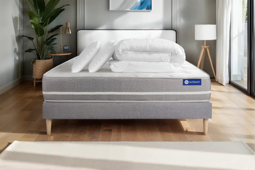 Pack lit complet 180x200 cm - Matelas + Sommier Gris (en kit) + 2 oreillers + Couette - Actilatex Touch