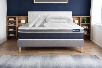 Pack lit complet 140x190 cm - Matelas + Sommier Gris (en kit) + 2 oreillers + Couette - Actimemo Confort