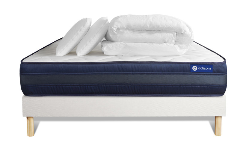 Pack lit complet 180x200 cm - Matelas + Sommier Blanc (en kit) + 2 oreillers + Couette - Actilatex Tech