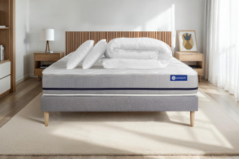 Pack lit complet 140x190 cm - Matelas + Sommier Gris (en kit) + 2 oreillers + Couette - Actilatex Soft