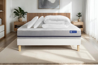 Pack lit complet 160x200 cm - Matelas + Sommier Blanc (en kit) + 2 oreillers + Couette - Actimemo Soft