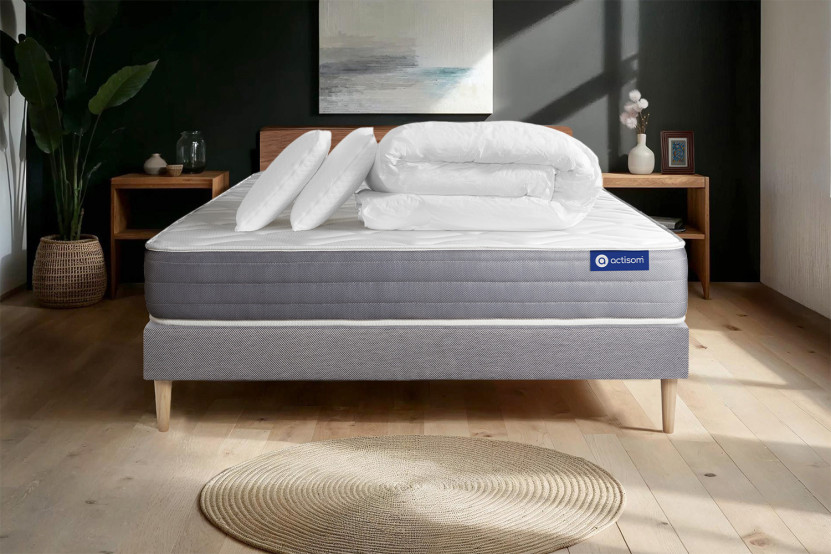 Pack lit complet 180x200 cm - Matelas + Sommier Gris (en kit) + 2 oreillers + Couette - Actiflex Dream