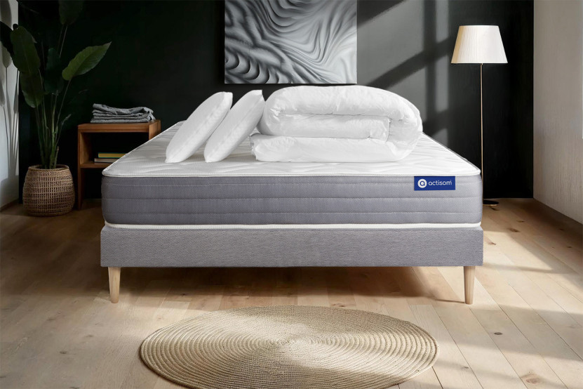 Pack lit complet 160x200 cm - Matelas + Sommier Gris (en kit) + 2 oreillers + Couette - Actimemo Dream