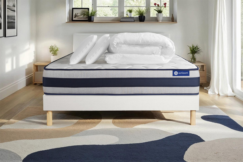 Pack lit complet 200x200 cm - Matelas + Sommier Blanc (en kit) + 2 oreillers + Couette - Actiflex Ergo