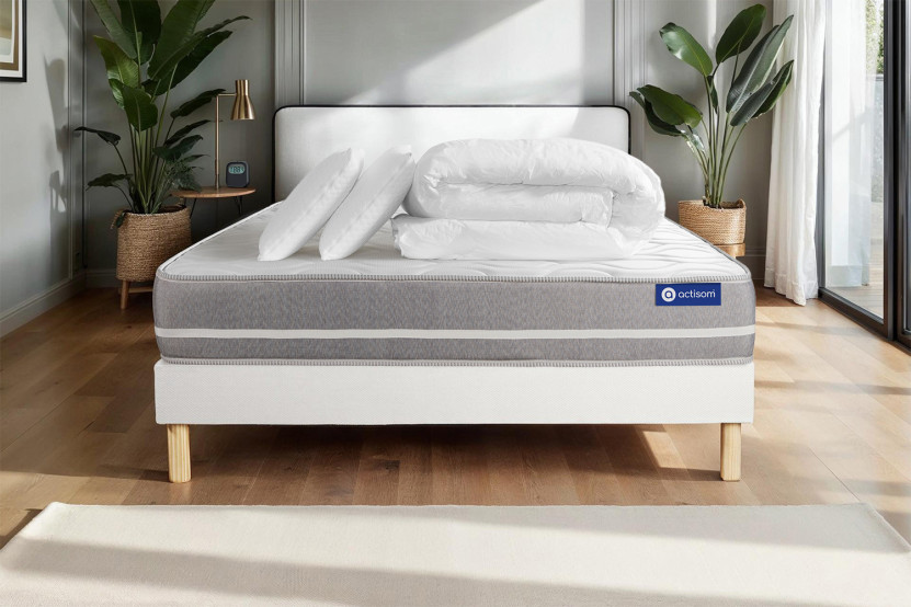 Pack lit complet 200x200 cm - Matelas + Sommier Blanc (en kit) + 2 oreillers + Couette - Actiflex Touch