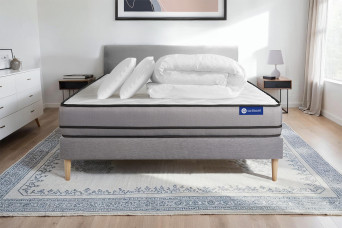 Pack lit complet 140x190 cm - Matelas + Sommier Gris (en kit) + 2 oreillers + Couette - Actimemo Night