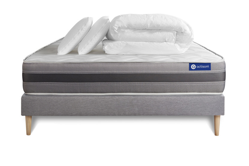 Pack lit complet 140x200 cm - Matelas + Sommier Gris (en kit) + 2 oreillers + Couette - Actimemo Relax