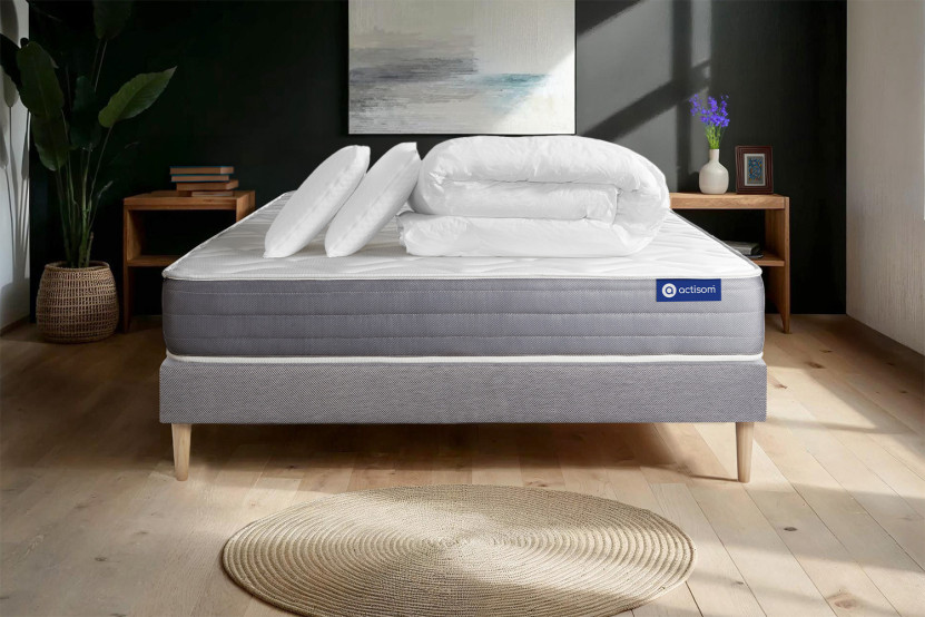 Pack lit complet 200x200 cm - Matelas + Sommier Gris (en kit) + 2 oreillers + Couette - Actilatex Dream