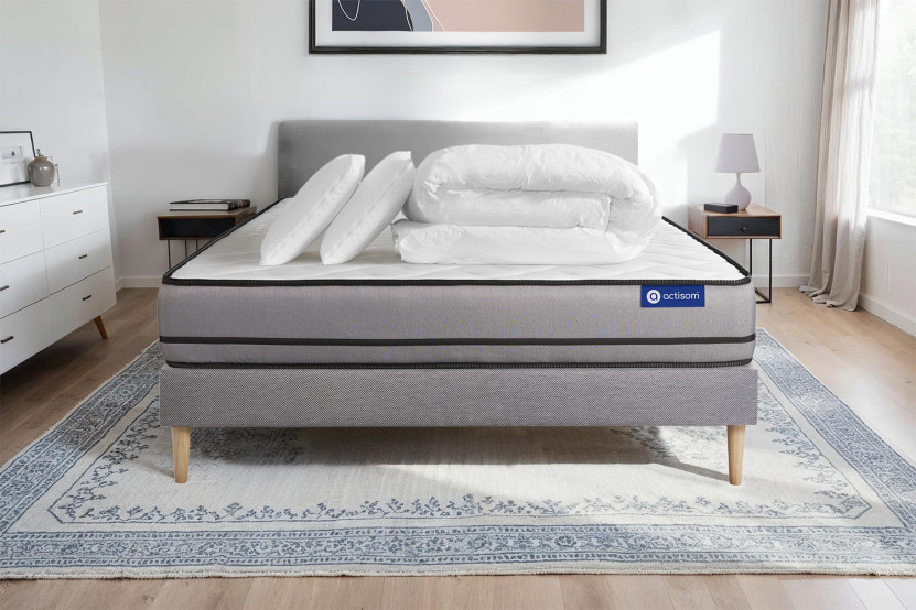 Pack lit complet 160x200 cm - Matelas + Sommier Gris (en kit) + 2 oreillers + Couette - Actimemo Night