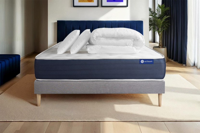 Pack lit complet 140x200 cm - Matelas + Sommier Gris (en kit) + 2 oreillers + Couette - Actimemo Sleep