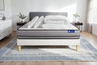 Pack lit complet 140x190 cm - Matelas + Sommier Blanc (en kit) + 2 oreillers + Couette - Actiflex Night