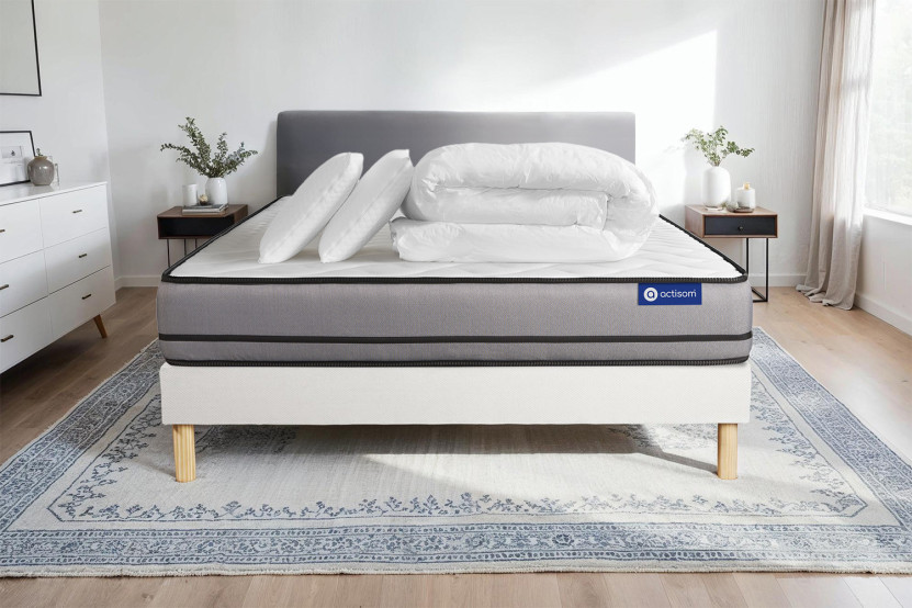 Pack lit complet 140x190 cm - Matelas + Sommier Blanc (en kit) + 2 oreillers + Couette - Actiflex Night