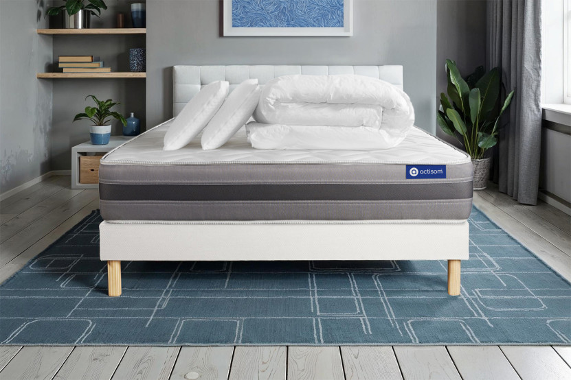 Pack lit complet 200x200 cm - Matelas + Sommier Blanc (en kit) + 2 oreillers + Couette - Actimemo Relax