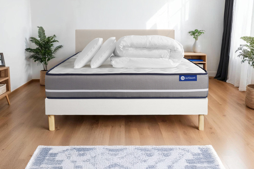 Pack lit complet 200x200 cm - Matelas + Sommier Blanc (en kit) + 2 oreillers + Couette - Actiflex Pur