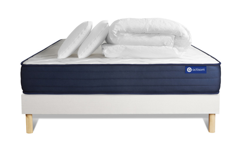 Pack lit complet 140x200 cm - Matelas + Sommier Blanc (en kit) + 2 oreillers + Couette - Actiflex Life