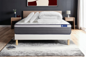 Pack lit complet 140x200 cm - Matelas + Sommier Blanc (en kit) + 2 oreillers + Couette - Actilatex Plus