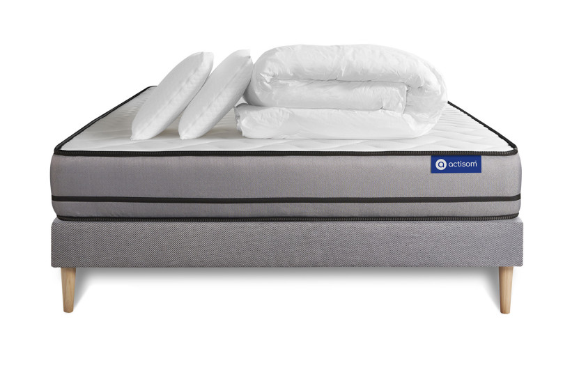 Pack lit complet 140x200 cm - Matelas + Sommier Gris (en kit) + 2 oreillers + Couette - Actimemo Night