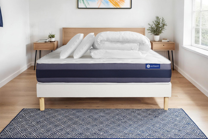 Pack lit complet 200x200 cm - Matelas + Sommier Blanc (en kit) + 2 oreillers + Couette - Actimemo Morpho